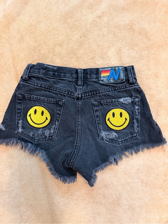 Aviator Nation Pants - Aviator Nation black distressed Denim Women’s Shorts with Yellow Smiley Patches